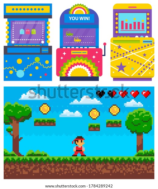 Gambling machine adventure pixel\
game. Colorful gambling machine decorated by screen of old\
video-game, entertainment vector, ninja superhero earning coins on\
steps