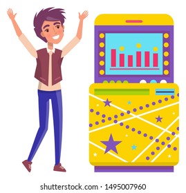 Gambling machine and happy man vector, isolated teenager raising hands up of success. Screen showing bets and infocharts, jackpot in casino flat style