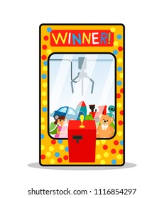 Gambling Machine with toys for children in the amusement park. flat vector illustration isolated on white background