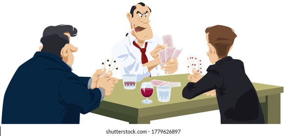 Gambling. Man with cards. Men are playing poker. Funny people. Stock illustration. 