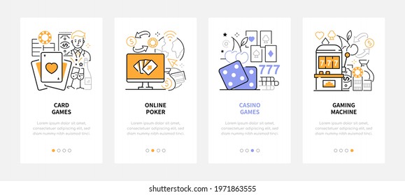 Gambling - modern line design style web banners with copy space for text. Linear icons of card games, casino, gaming machine, dice and online poker. Carousel posts, entertainment and leisure idea