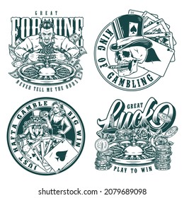 Gambling monochrome designs set with casino labels and poker game emblems in vintage style isolated vector illustration