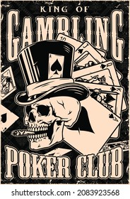 Gambling monochrome poster in vintage style with letterings royal flush poker hand skull smoking cigar in top hat with ace of spades playing card vector illustration