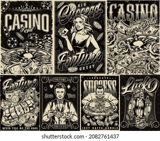 Gambling monochrome posters with slot machine pretty poker girl rich gambler casino chips roulette wheel dollar bills coins skeleton jack of clubs croupier shuffles playing cards vector illustration