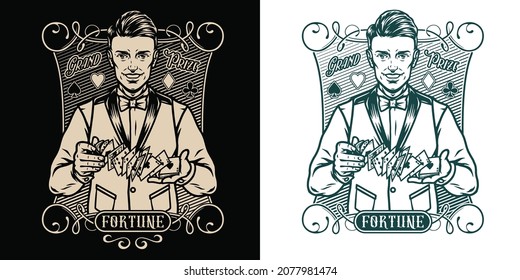 Gambling monochrome vintage badge with inscriptions and smiling croupier in shirt waistcoat and bow shuffles playing cards isolated vector illustration