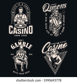 Gambling monochrome vintage labels with skeleton gambler in tuxedo skeleton queen for playing card croupier roulette wheel pretty woman holding royal flush of hearts isolated vector illustration