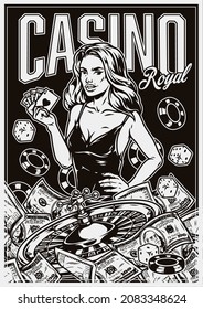 Gambling monochrome vintage poster with casino chips roulette wheel dice dollar bills attractive woman in dress holding royal flush of hearts poker hand vector illustration