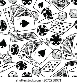 Gambling monochrome vintage seamless pattern with casino chips dice playing cards and royal flush of spades poker hand vector illustration