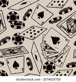 Gambling monochrome vintage seamless pattern with royal flush of spades poker hand falling playing cards and casino chips vector illustration