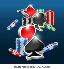 Gambling objects vector design. Poker chips. Casino elements. Shine three dimension card suits. Label, sign and logotype parts. Blackjack background. 