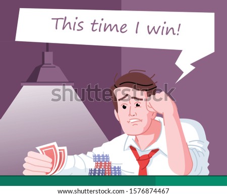 Gambling obsession flat vector illustration. Casino entertainment addiction. Obsessed gambler hoping to win. Poker player, gambling addict expecting victory in card game cartoon character