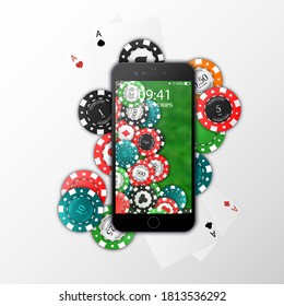 Gambling on mobile phone, chips, playing cards. Online Casino. Vector illustration. Isolated on white background.