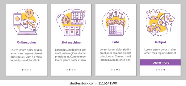 Pantalla de página de aplicaciones móviles de apuestas con conceptos lineales.Casino. Poker en línea, lotería, máquinas tragaperras, jackpot pasos instrucciones gráficas. UX, UI, plantilla vectorial GUI con ilustraciones