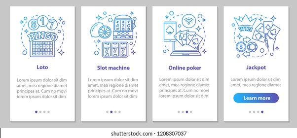 Gambling onboarding mobile app page screen with linear concepts. Casino. Online poker, lottery, slot machines, jackpot steps graphic instructions. UX, UI, GUI vector template with illustrations