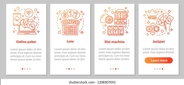 Gambling onboarding mobile app page screen with linear concepts. Casino. Online poker, lottery, slot machines, jackpot steps graphic instructions. UX, UI, GUI vector template with illustrations