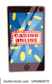 Gambling online casino, isolated smartphone with banner and glowing frame. Mobile phone and falling coins dollars. Victory winner of lottery. Vector illustration in flat cartoon style