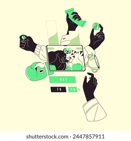 Gambling people bet on box match online. Person wagering on sports, plays games of chance by tablet. Hand with coins, in boxing gloves. Bookmaker service concept. Flat isolated vector illustration