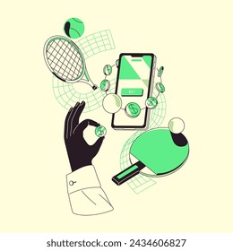 Gambling people bet on sports online, play games of chance. Person wagering on tennis, ping pong. Winner s hand with coins, rackets. Bookmaker service in mobile app. Flat isolated vector illustration