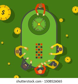 Gambling people at casino roulette table, vector illustration. Players in casino placing bets, view from above. Nightlife entertainment, gamblers in club, simple flat style