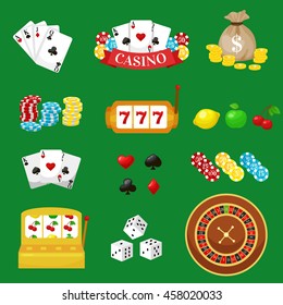Gambling pictograms set. Deck of cards and casino, playing poker, venturesome game, dice  ace vector illustration