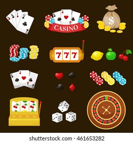 Gambling pictograms set. Deck of cards and casino, playing poker, venturesome game, dice  ace vector illustration