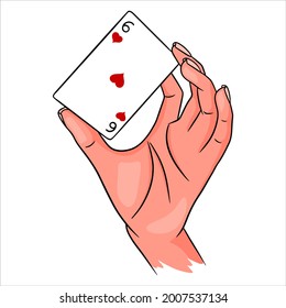 Gambling. Playing card in hand. Casino, luck, fortuna. Six of worms. Cartoon style. Vector illustration for design and decoration.