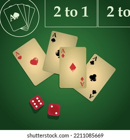 Apostar. Jugando cartas y dados. Antecedentes del casino en línea. Mesa de rebelión verde. Ilustración del vector poker 