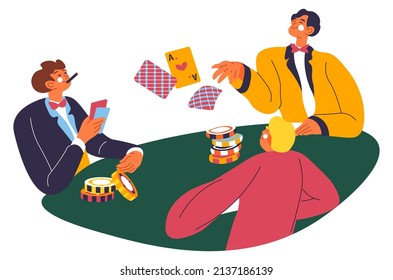 Gambling and playing cards on money, isolated company of men smoking cigars and throwing chips. Fortune and luck, success and deal. Male characters sitting by round table. Vector in flat style