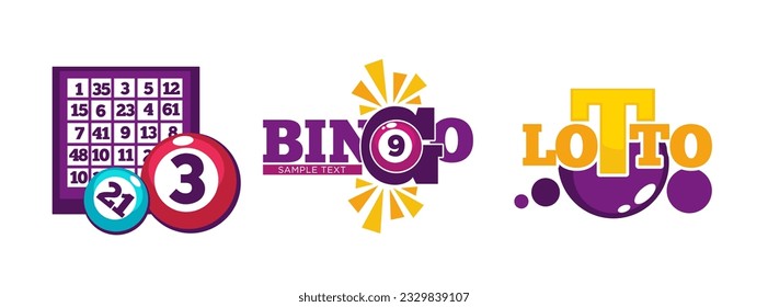 Apuestas y juegos de dinero, íconos aislados de loto y bingo. Suerte y números ganadores, dígitos al azar en boletos. Logotipo o emblema, logotipo o banner promocional. Vector de estilo plano