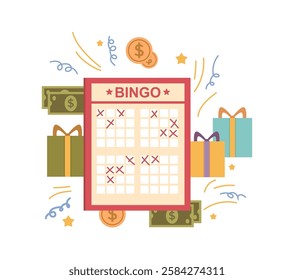 Gambling and playing on money. Vector isolated bingo ticket with crossed out cells. Winning prize and dollars, gifts for victory. Gambler leisure time and entertainment. Lottery and jackpot