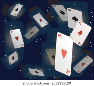 Tarjetas de póquer de juego que caen juegos de casino en el cielo del universo de fondo oscuro