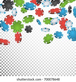 Gambling Poker Chips Rain Vector. Realistic Casino Chips Explosion Falling Down. Transparent Background. Symbol Wealth, Profit. Cash Winning Prize Money Concept Illustration
