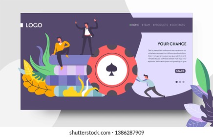 Gambling and poker game online service web page template vector chips and players stakes and betting luck and fortune blackjack jackpot winning tournament and championship texas holdem Internet site
