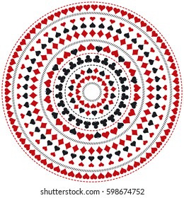 Gambling poker round mandala with red and black symbols, vector illustration. Ideal for printing onto fabric and paper or scrap booking