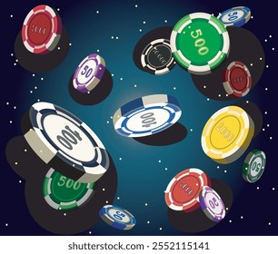 gambling poker tokens chips falling casino betting games in universe sky dark background close up