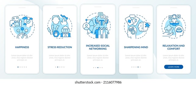 Gambling positive traits blue onboarding mobile app screen. Entertainment walkthrough 5 steps graphic instructions pages with linear concepts. UI, UX, GUI template. Myriad Pro-Bold, Regular fonts used