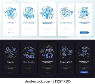 Gambling positive traits night and day mode onboarding mobile app screen. Walkthrough 5 steps graphic instructions pages with linear concepts. UI, UX, GUI template. Myriad Pro-Bold, Regular fonts used