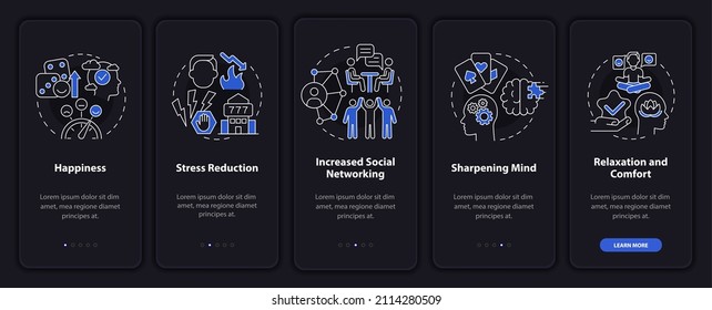 Gambling positive traits night mode onboarding mobile app screen. Hobby walkthrough 5 steps graphic instructions pages with linear concepts. UI, UX, GUI template. Myriad Pro-Bold, Regular fonts used