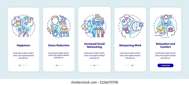 Gambling positive traits onboarding mobile app screen. Entertainment walkthrough 5 steps graphic instructions pages with linear concepts. UI, UX, GUI template. Myriad Pro-Bold, Regular fonts used