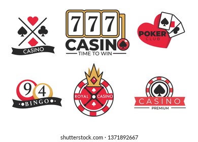 Gambling poster of casino and poker logotypes on white. Vector colorful banner in flat design of cards piles, playing cubes, aces and gaming tables. Emblems of entertaining establishments