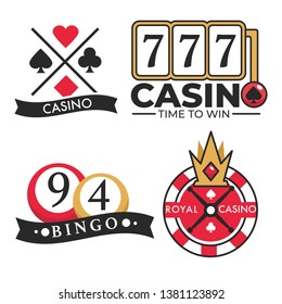 Gambling poster of casino and poker logotypes on white. Vector colorful banner in flat design of cards piles, playing cubes, aces and gaming tables. Emblems of entertaining establishments