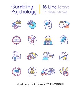 Gambling Psychology RGB Color Icons Set. Reasons Of Addiction. Overcoming Problem. Isolated Vector Illustrations. Simple Filled Line Drawings Collection. Editable Stroke. Quicksand-Light Font Used