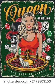 Gambling queen colorful vintage sticker with woman from casino offering to place bet for game of roulette vector illustration