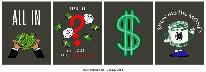 Gambling risk, win the guess game or predict the investment concept. Random or chance to win, risk management or analyze opportunity, prediction or forecast future. Vector money, dollar, inscriptions