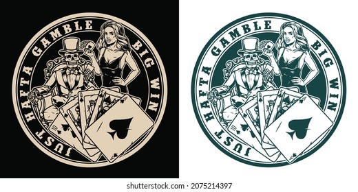 Gambling round vintage monochrome logo with royal flush of spades poker hand pretty woman and skeleton gambler in tuxedo and top hat with playing cards isolated vector illustration