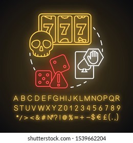 Gambling scam neon light concept icon. Golden opportunity fraud. Casino trickery. Games of chance addiction idea. Glowing sign with alphabet, numbers and symbols. Vector isolated illustration