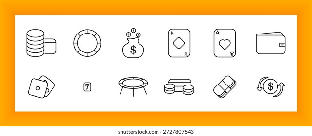 Ícone do conjunto de jogos. Chips, jogando cartas, carteira, saco de dinheiro, token de cassino, número de sorte, setas e pilha representando apostas e jogo de azar.