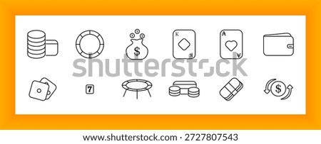 Gambling set icon. Chips, playing cards, wallet, money bag, casino token, lucky number, arrows, and stack representing betting and game of chance.
