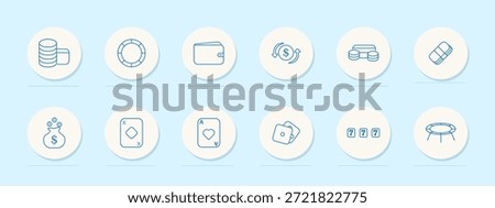 Gambling set icon. Coins, chip, wallet, exchange, binoculars, eraser, bag, cards, slot, roulette, drink. Casino, money, finance, play, bet, risk, luck, prize, fortune, game, stack.