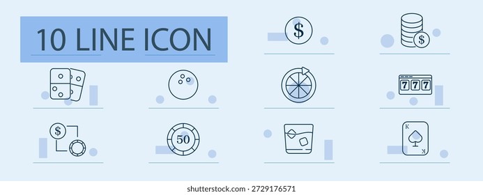 Gambling set icon. Dice, ball, chip, wheel, slot, stack, layout, bet, drink, card. Casino, risk, play, luck, money, game, entertainment, chance, fortune, reward.